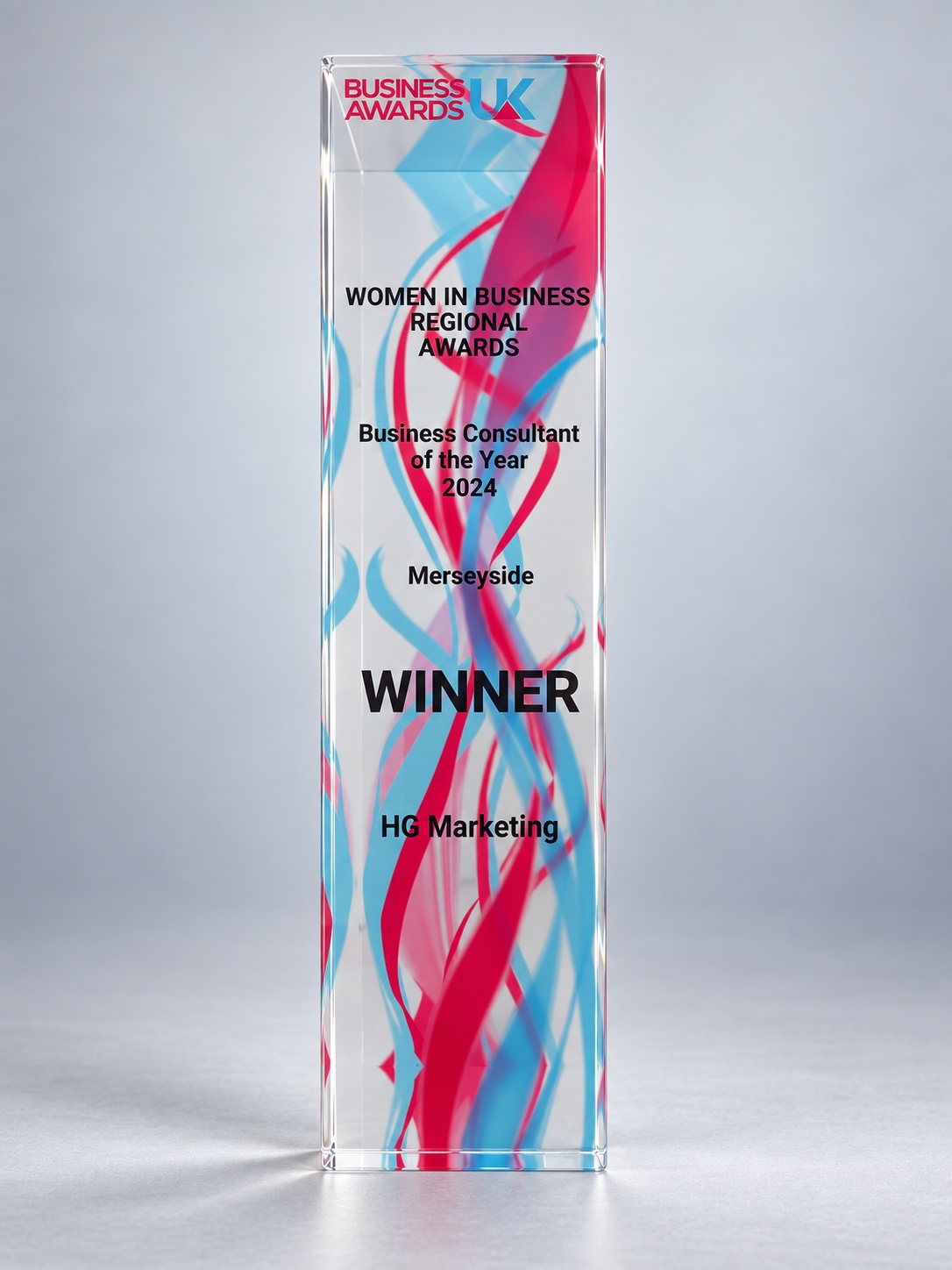 Business Awards UK Women in Business Regional Awards trophy for Business Consultant of the Year 2024, Merseyside